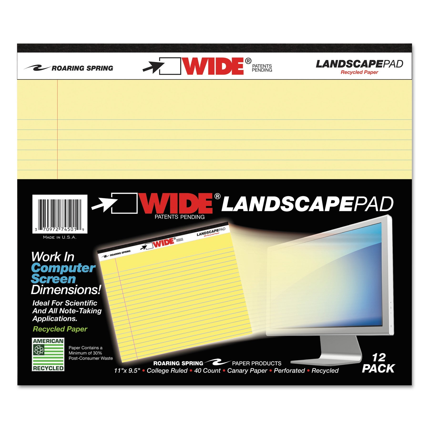 roaring-spring-r-wide-landscape-format-writing-pad-unpunched-with-standard-back-medium-college-rule-40-canary-yellow-11-x-9-5-sheets-roa74501_1